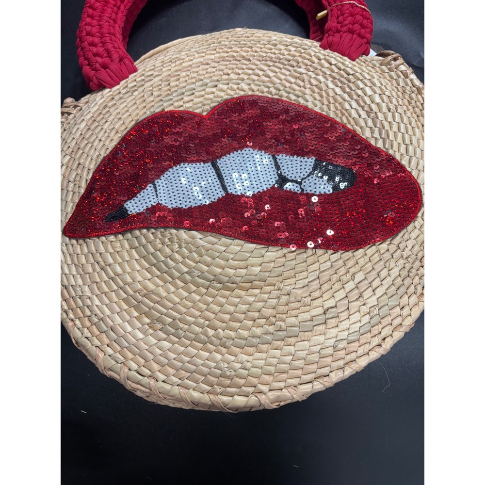 By Del Rio Acento Artistico Woven Straw Round Lip Sequin Tote Bag Red Crochet‎ - Picture 5 of 8